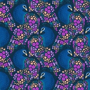 [small] Beautiful Floral Peacocks on Midnight Navy Blue