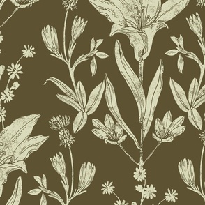 Prairie Lily Block Print Inspired in Honeydew & Palm Leaf Green // Large Scale