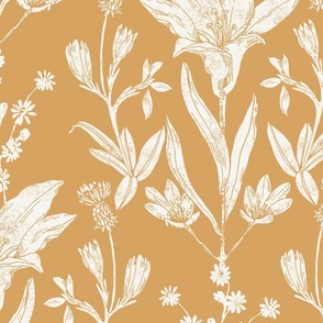 Prairie Lily Block Print Inspired in Whipped Cream on Amber Brew // Large Scale