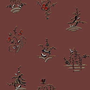 Art Deco Leaping Figures and Weeping Willows Chestnut Red and Black with Yellow and Red Accents