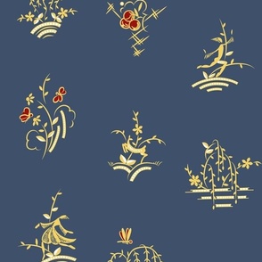 Art Deco Leaping Figures and Weeping Willows Colonial Blue with Yellow and Red Accents