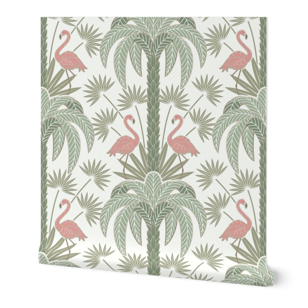 Palm Trees and Flamingo - Art Deco Tropical Damask - off white - faux gold foil - extra large scale