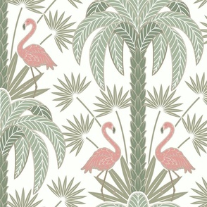 Palm Trees and Flamingo - Art Deco Tropical Damask - off white - faux gold foil - extra large scale