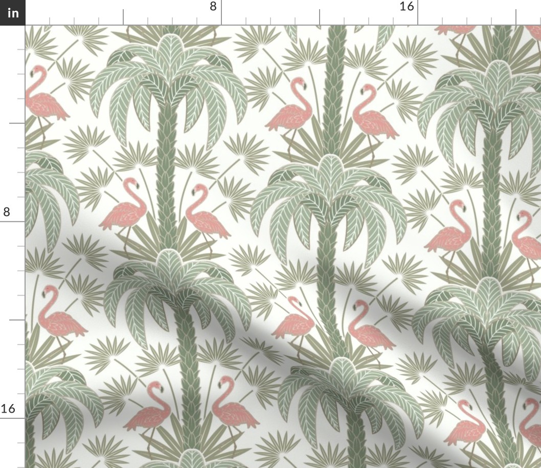 Palm Trees and Flamingo - Art Deco Tropical Damask - off white - faux gold foil - medium scale