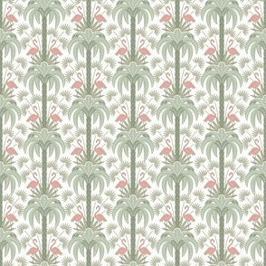 Palm Trees and Flamingo - Art Deco Tropical Damask - off white - faux gold foil - small scale