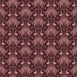 Palm Trees and Flamingo - Art Deco Tropical Damask - deep burgundy red - faux rose gold foil - small scale