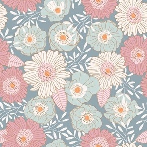 Spring blooms floral on dusty blue