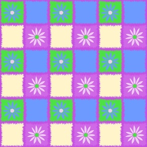 70s Retro checkered floral - green, blue and purple