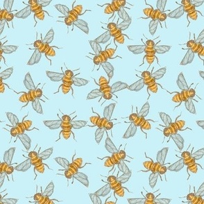 Honeybees on pale blue