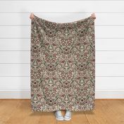 Arts and crafts Floral Damask, pinks, green and tan, 24” 