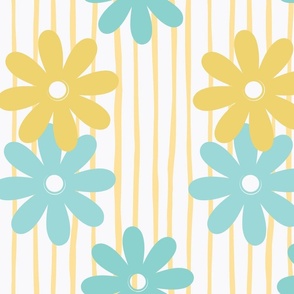 Labotanical Yellow, Blue, Turquoise Daisies On Off White Background With Yellow Stripes