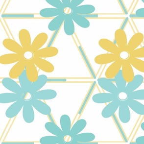 Labotanical Yellow, Blue, Turquoise Daisies And Diamonds On Off White Background