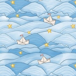 (SMALL) Sail away in paper boats imagine - ocean, waves, water, sea, nautical, stars - blue, yellow, white (small)