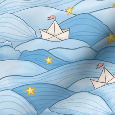 (MEDIUM) Sail away in paper boats imagine - ocean, waves, water, sea, nautical, stars - blue, yellow, white (medium)