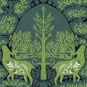 (large) scandinavian forest deer damask wallpaper pine green