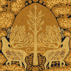 (large) scandinavian forest deer damask wallpaper yellow brown