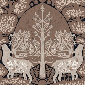 (large) scandinavian forest deer damask wallpaper brown warm neutral nude