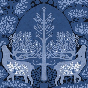 (large) scandinavian forest deer damask wallpaper blue
