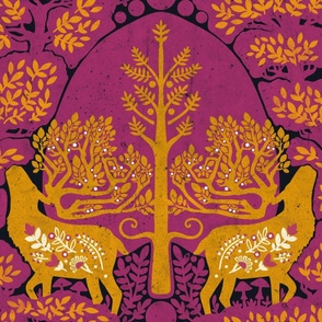 (large) scandinavian forest deer damask wallpaper pink orange yellow