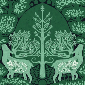 (large) scandinavian forest deer damask wallpaper emerald green jade