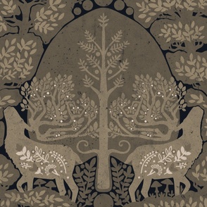 (large) scandinavian forest deer damask wallpaper greyish brown