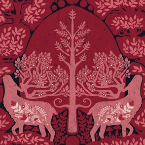 (large) scandinavian forest deer damask wallpaper red