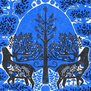 (large) scandinavian forest deer damask wallpaper Cobalt blue black
