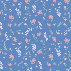 spring toss floral, buds and twigs on smoky baby blue 10 in