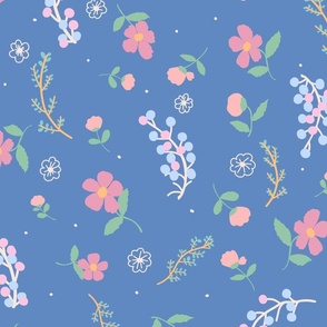 spring toss floral, buds and twigs on smoky baby blue 20 in