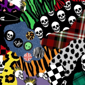 (LARGE) Old School Punk Rock Maximalist Collage Of Patterns Including Skulls, Faux Denim, Cherries, Checkboard, Tartan and Animal Prints