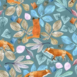 Teal Colorful Forest Fox & Butterflies