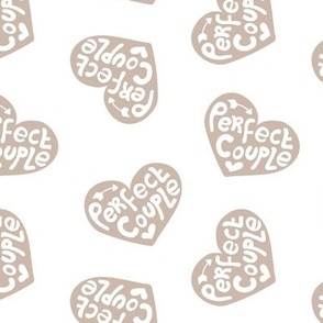 Perfect couple - groovy vintage style wedding design typography text on hearts with arrows beige on white 