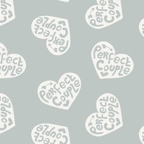 Perfect couple - groovy vintage style wedding design typography text on hearts with arrows mist green 