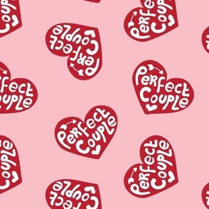 Perfect couple - groovy vintage style wedding design typography text on hearts with arrows red pink 