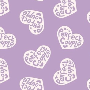 Perfect couple - groovy vintage style wedding design typography text on hearts with blush lilac 