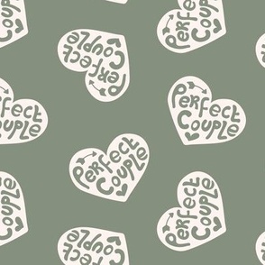 Perfect couple - groovy vintage style wedding design typography text on hearts with arrows ivory olive green 