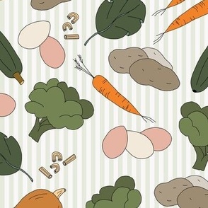 500 - Vegetable garden on pale green pin stripes with carrots, spinach, macaronni, eggs, potatoes and pumpkin - food design for kitchen wallpaper, teatowels, table cloths