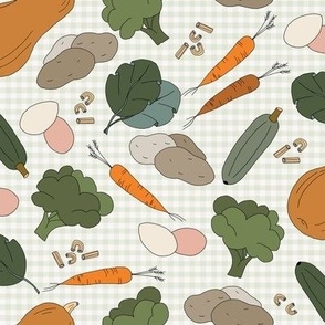 500 - Vegetable garden on pale green gingham with carrots, spinach, macaronni, eggs, potatoes and pumpkin - food design for kitchen wallpaper, teatowels, table cloths