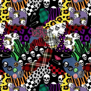 (SMALL) Old School Punk Rock Maximalist Collage Of Patterns Including Skulls, Faux Denim, Cherries, Checkboard, Tartan and Animal Prints