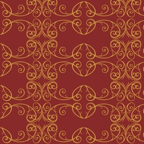 Damask scroll Ruby red gold
