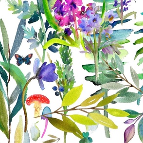 Watercolor ferns  with wild flowers