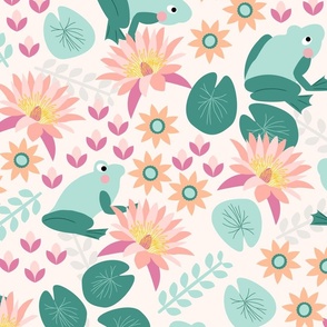 Frogs and flora (jumbo scale) - a cute frog pattern with lilies, lily pads and daisies in teal, mint, pink and peach