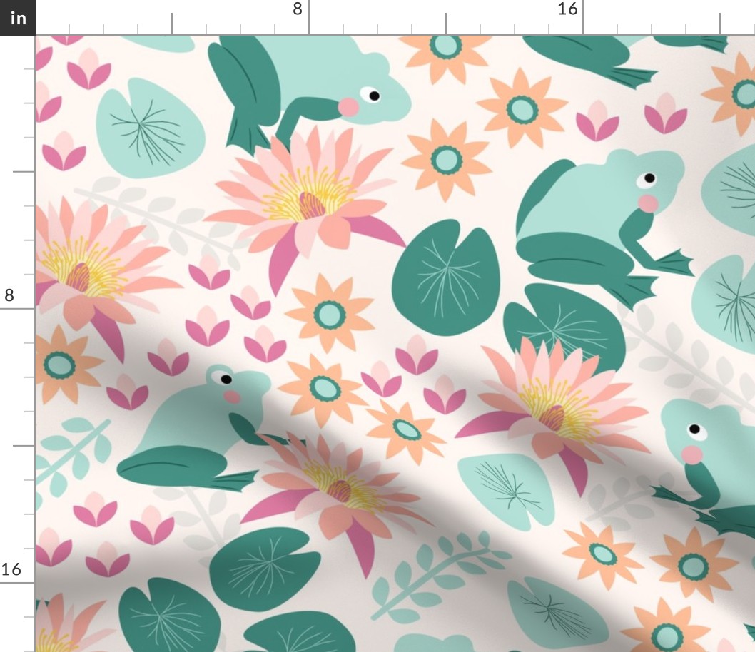 Frogs and flora (jumbo scale) - a cute frog pattern with lilies, lily pads and daisies in teal, mint, pink and peach
