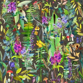 Watercolor ferns with wild flowers (smaller-scale in brown)