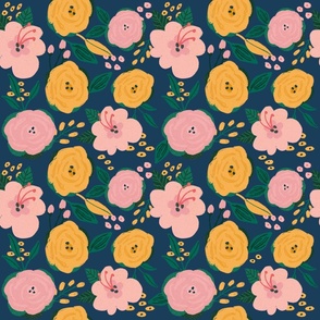 fresh spring flowers on a navy background - spring flowers - hand drawn blooming flowers