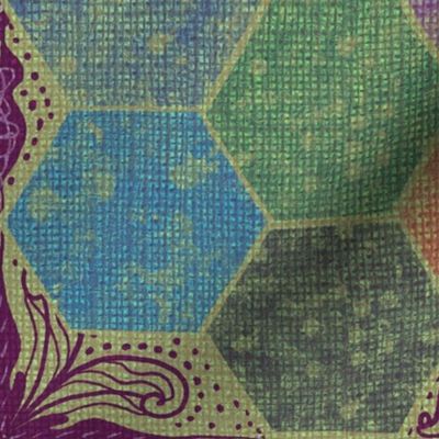 24” repeat Faux patchwork hexies with lace effect mandalas with faux woven burlap texture in pastel blues,green, grey orange and vibrant purple