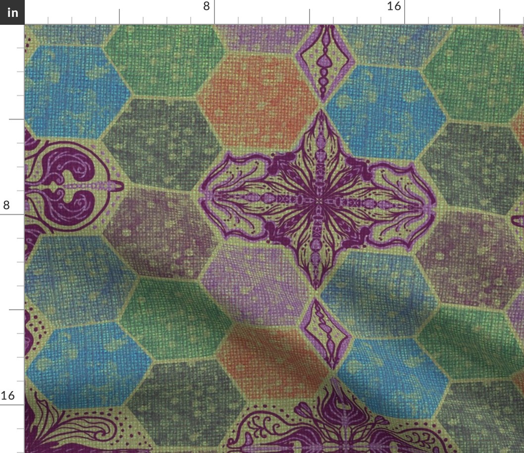 24” repeat Faux patchwork hexies with lace effect mandalas with faux woven burlap texture in pastel blues,green, grey orange and vibrant purple