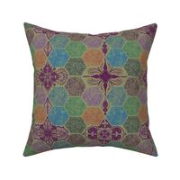 12” repeat Faux patchwork hexies with lace effect mandalas with faux woven burlap texture in pastel blues, green, grey orange and vibrant purple