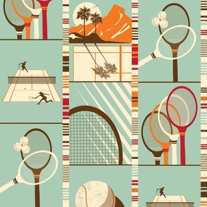 Retro Tennis Palm Trees Court and Rackets Large