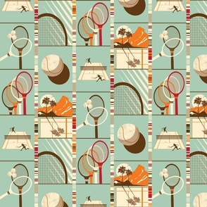 Retro Tennis Palm Trees Court and Rackets Small